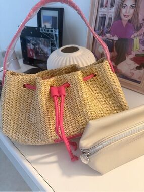 Chantecaille Natural Straw Shoulder Bag with Pink Trim and cosmetic bag